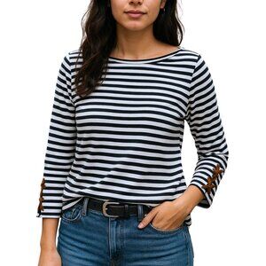 Chaps Black White Striped Suede-like Tie Up Embellished 3/4 Sleeves | Large